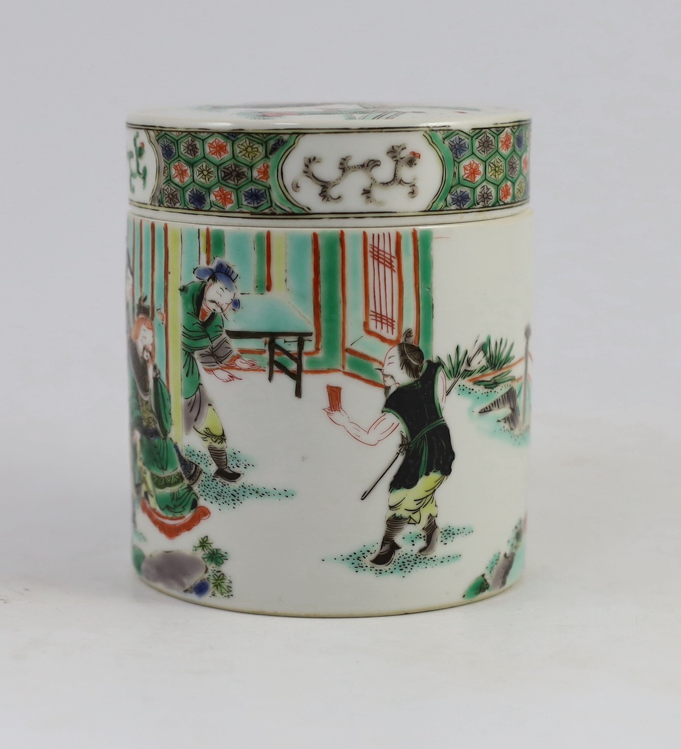A Chinese famille verte cylindrical jar and cover, 19th century, 11.5cm high
